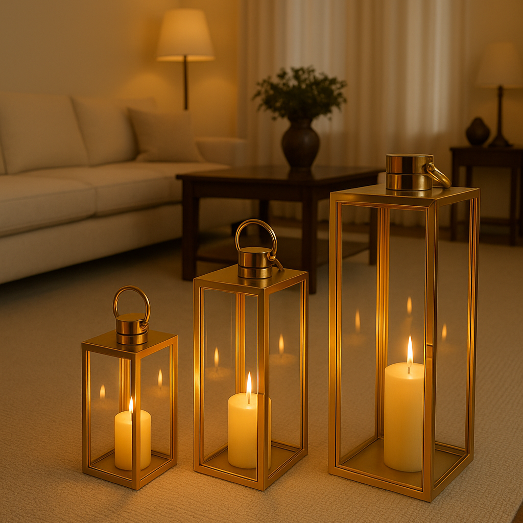 Set 3 felinare decorative din sticla, Zola, dimensiuni diferite 63 / 49 / 38 cm, otel inoxidabil, aurii Set 3 felinare decorative din sticla, Zola, dimensiuni diferite 63 / 49 / 38 cm, otel inoxidabil, aurii